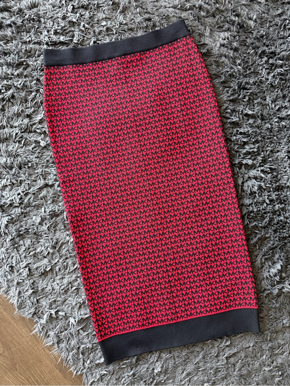 Brand New MICHAEL Michael Kors Red and Black Logo-Print Knit Pencil Skirt